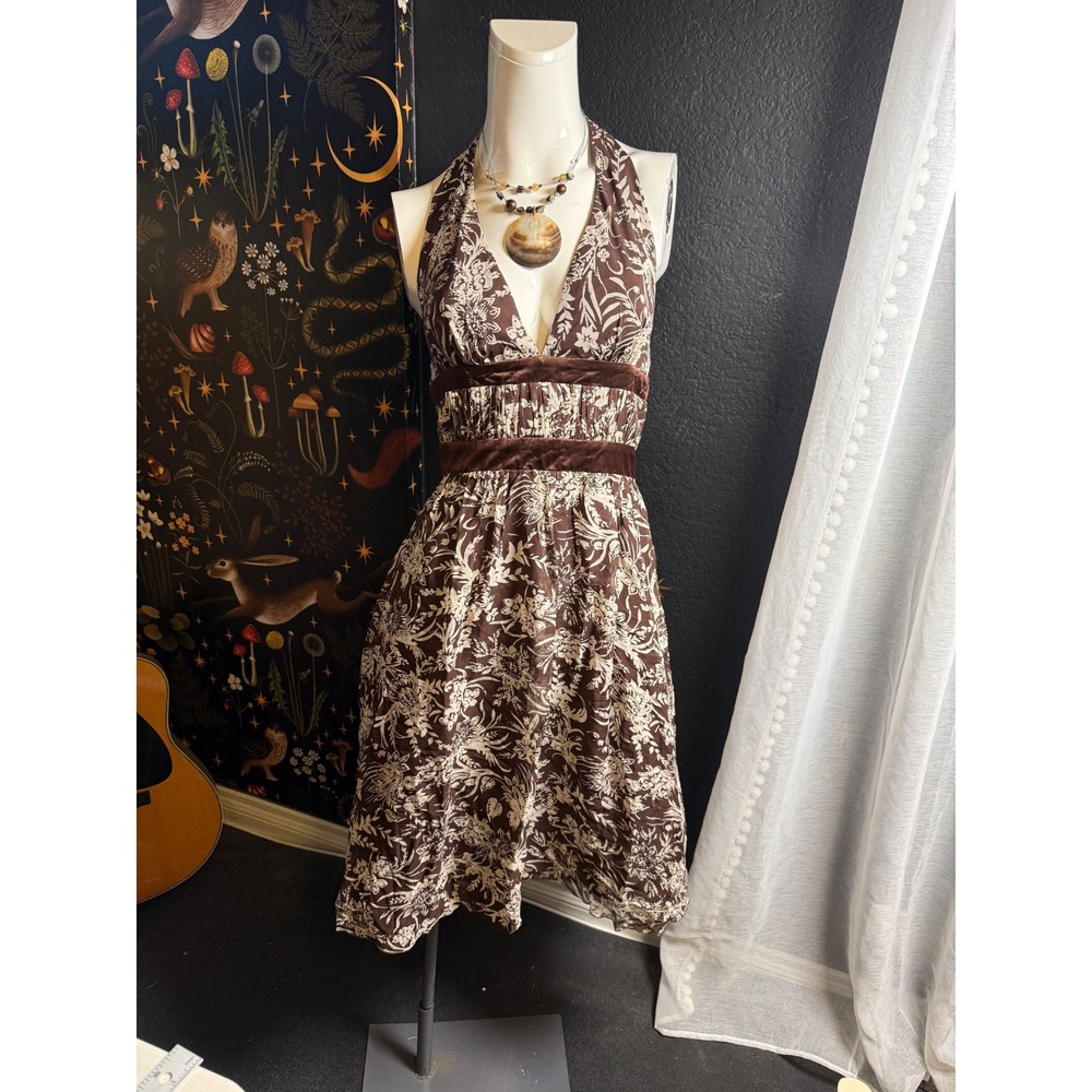 BCBG Paris 100% Silk Floral Halter Dress Brown Velvet Trim Bubble Hem Size 6